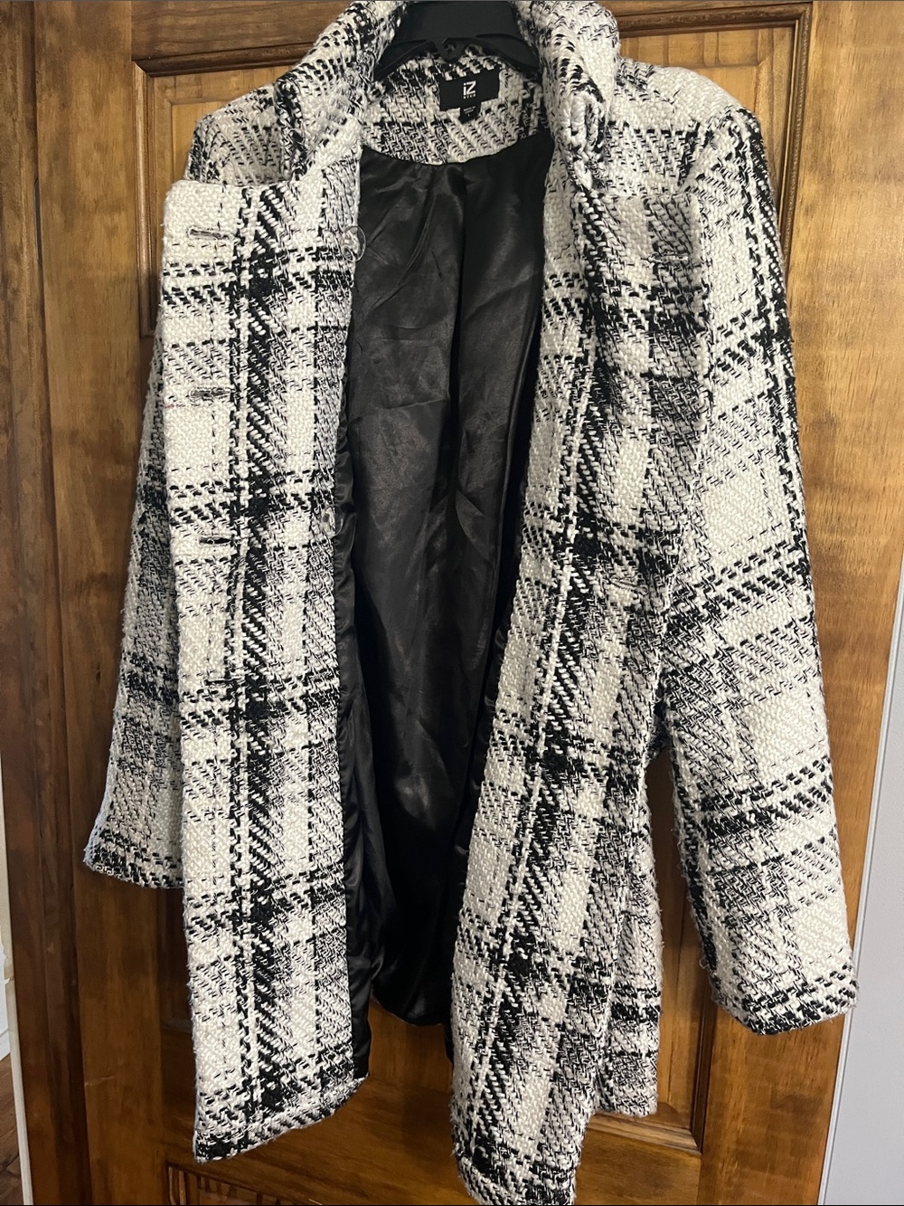 Iz Byer Black & White Plaid Double-Breasted Pea Coat - Picture 3 of 4